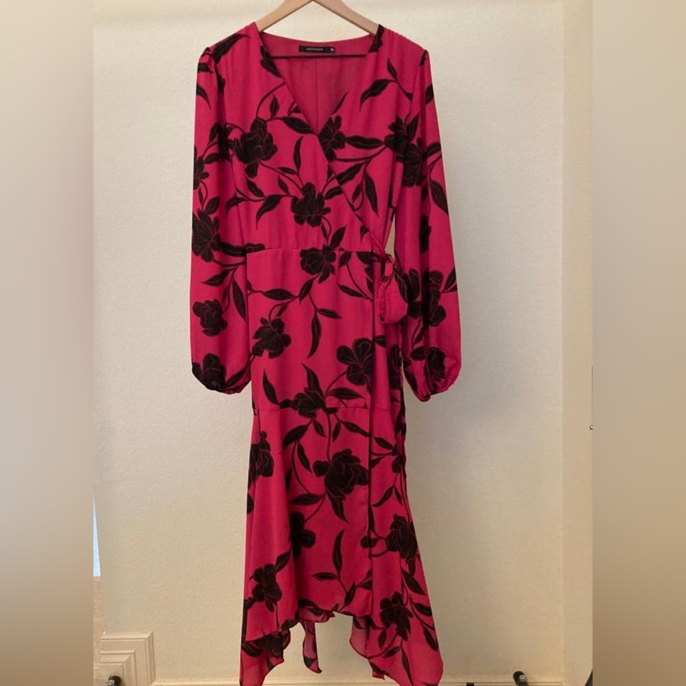Flowing bright pink silk Changsha wrap dress with handkerchief hem